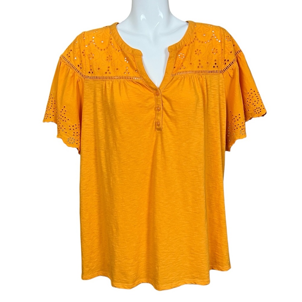 Lane Bryant Orange Short Flutter Eyelet Sleeves Split Neck Top Size 18/20